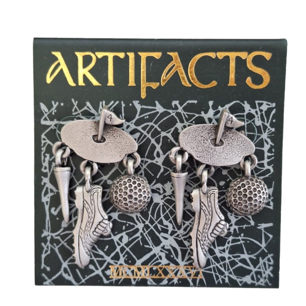 JJ Jonette ARTIFACTS Vintage Pewter Golf Dangle Earrings